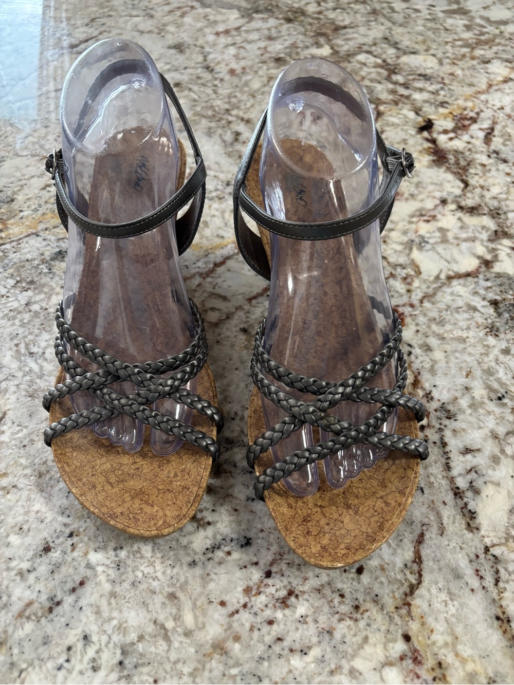 Massimo Metallic Gray Braided Cork Wedge Sandals